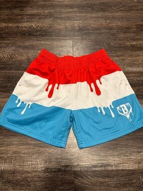 Baseball Lifestyle 101 Drip-Print Athletic Shorts in Red White Blue